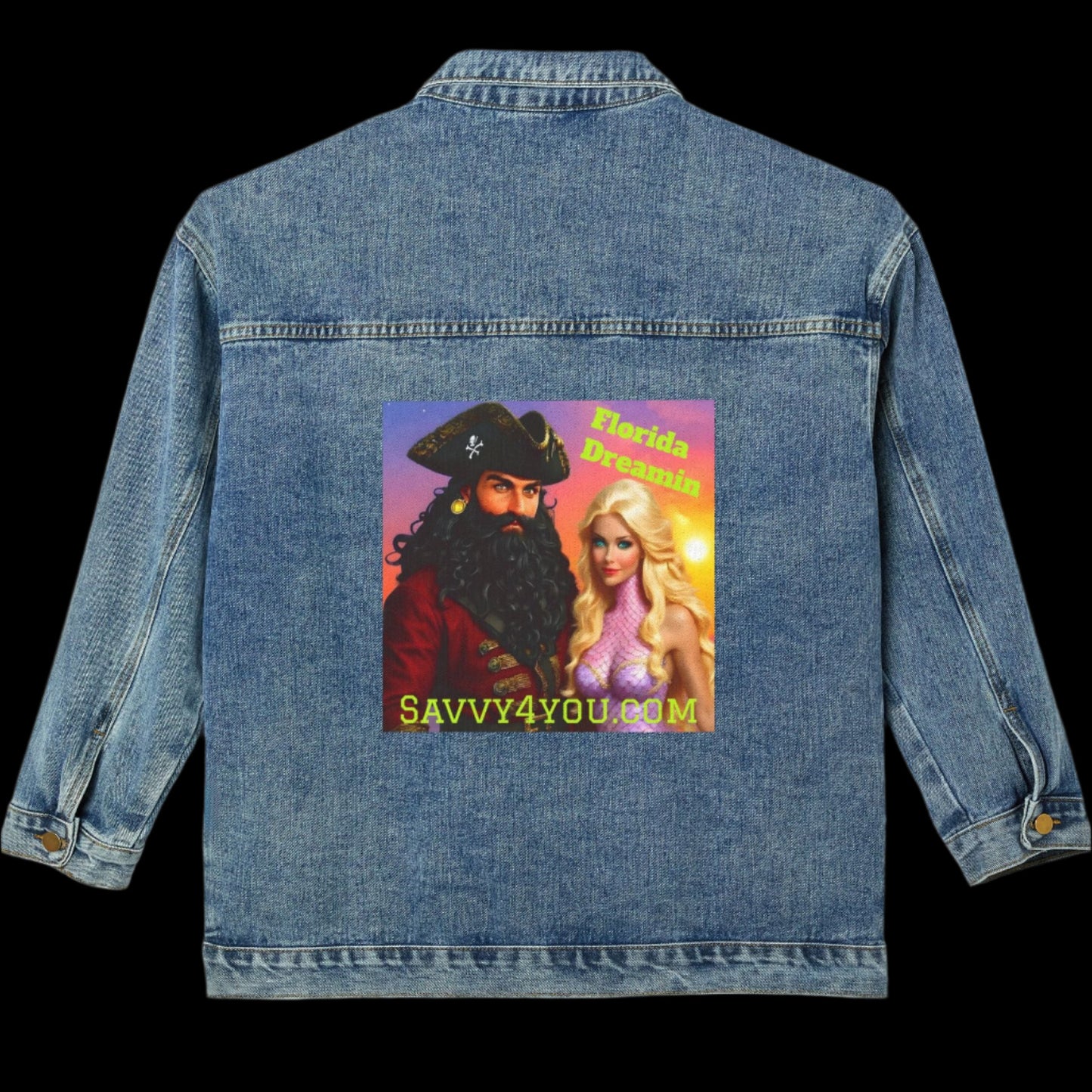 Blackbeard - Florida Dreamin Women's Denim Jacket with Mermaid, Casual Wear, Pirate Jacket, Summer Layering, Trendy Fashion Statement