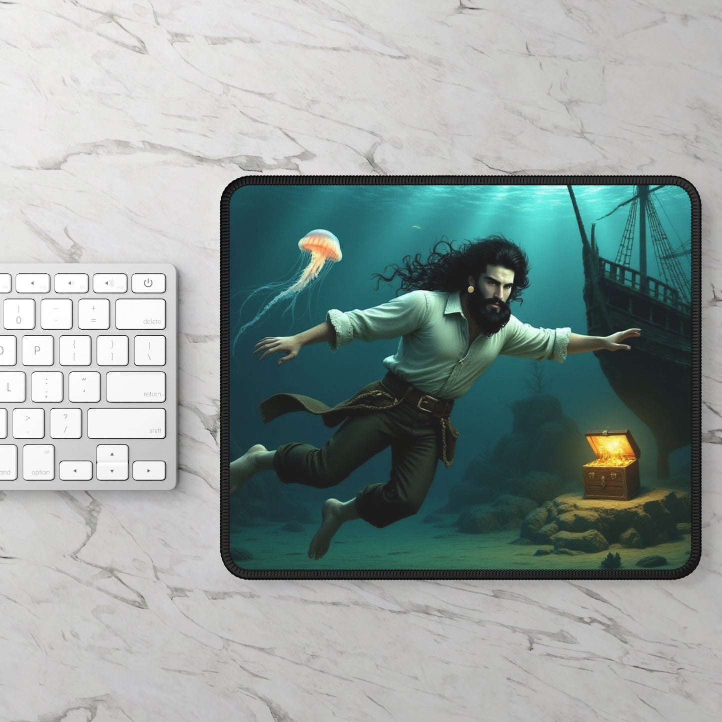 Blackbeard Shipwreck Underwater Gamer Mousepad, Gamer Gift, Nautical Mousemat, Gaming Accessories, Fantasy Art