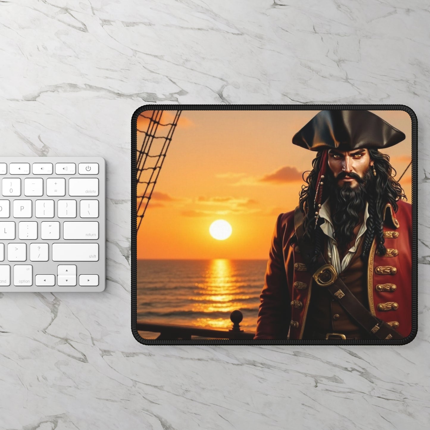Legend of Blackbeard Pirate Sunset Mousepad, Gamer Gift, Nautical Mousemat, Gaming Accessories, Fantasy Art
