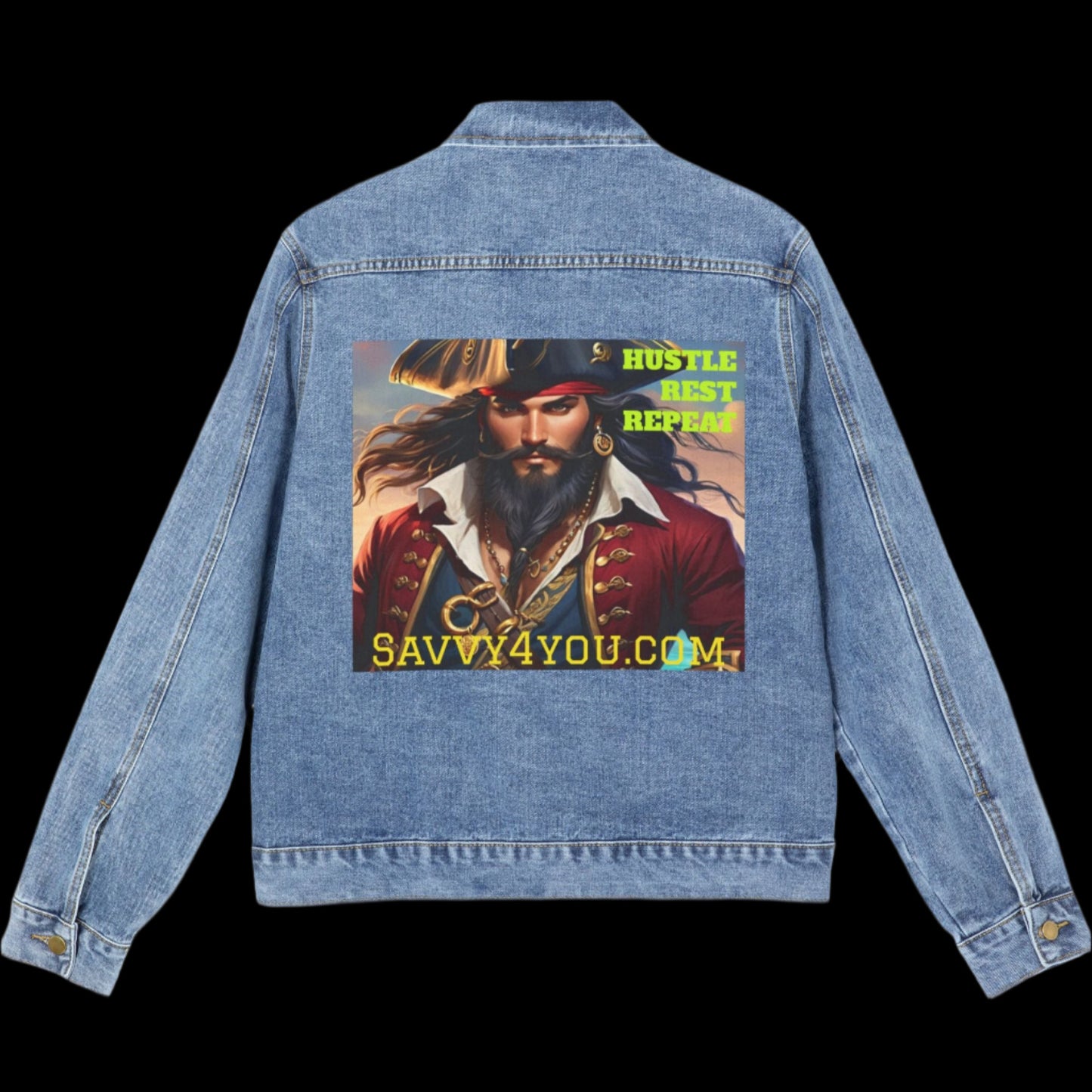 Blackbeard Hustle Rest Repeat Men's Pirate Graphic Denim Jacket, Chic Men's Outerwear, Trendy Layering Piece, Gift for Adventure Lovers, Casual Fashion Statement