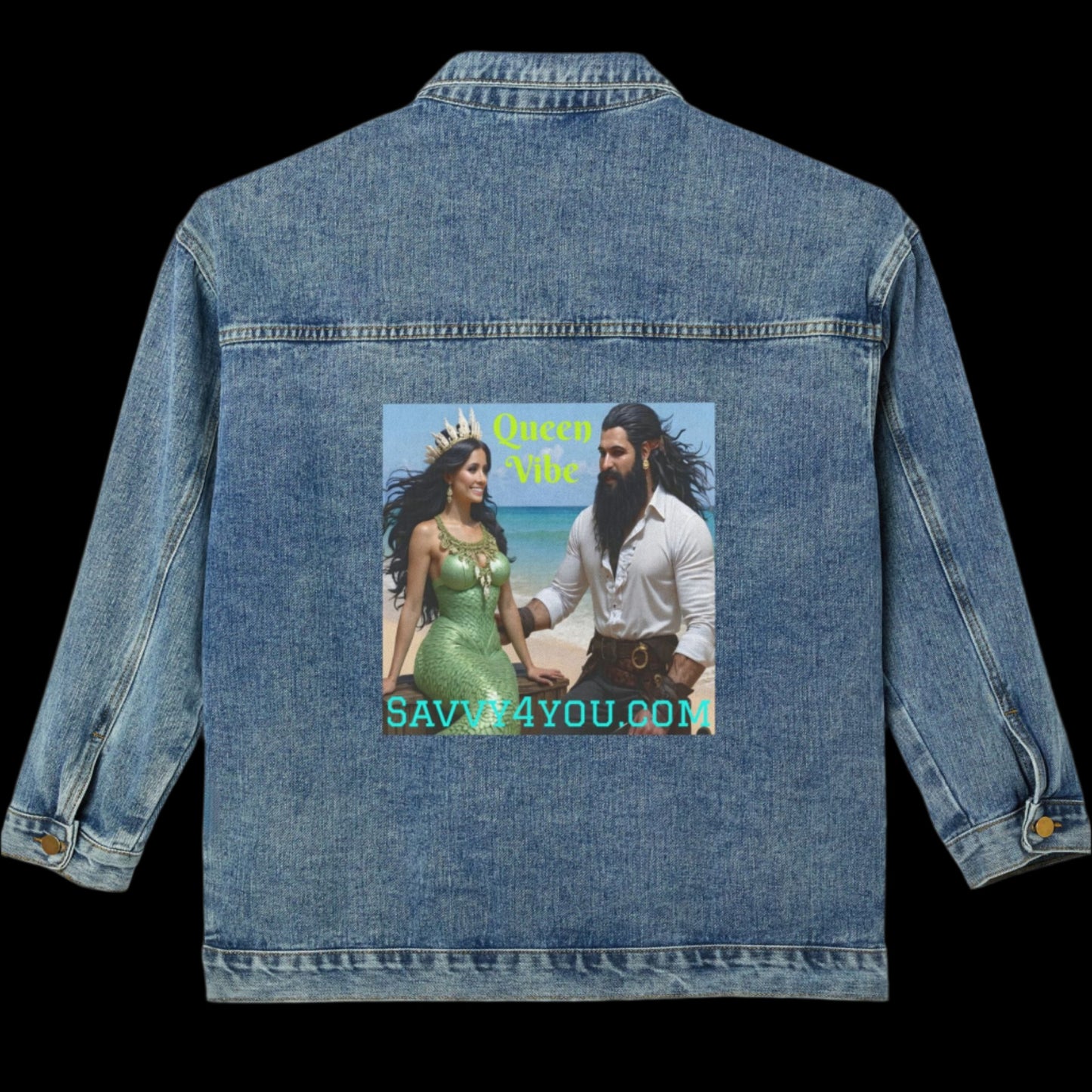 Blackbeard and Mermaid - Queen Vibe Stylish Women's Denim Jacket with Graphic Print, Trendy Outerwear, Vintage Style, Casual Fashion, Perfect Gift for Her
