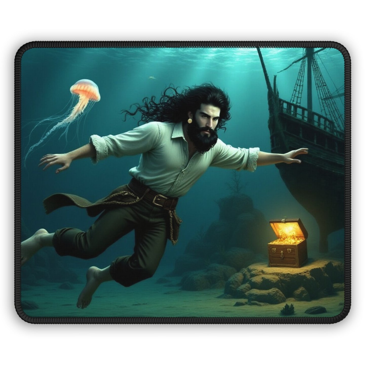 Blackbeard Shipwreck Underwater Gamer Mousepad, Gamer Gift, Nautical Mousemat, Gaming Accessories, Fantasy Art