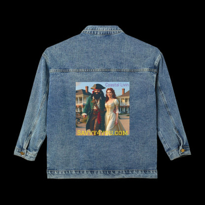 Blackbeard Coastal Livin Pirate Women's Denim Jacket, Casual Denim Wear, Pirate Jacket, Summer Layering, Trendy Fashion Statement