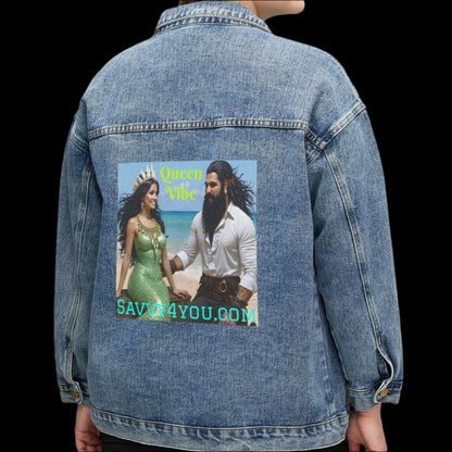 Blackbeard and Mermaid - Queen Vibe Stylish Women's Denim Jacket with Graphic Print, Trendy Outerwear, Vintage Style, Casual Fashion, Perfect Gift for Her