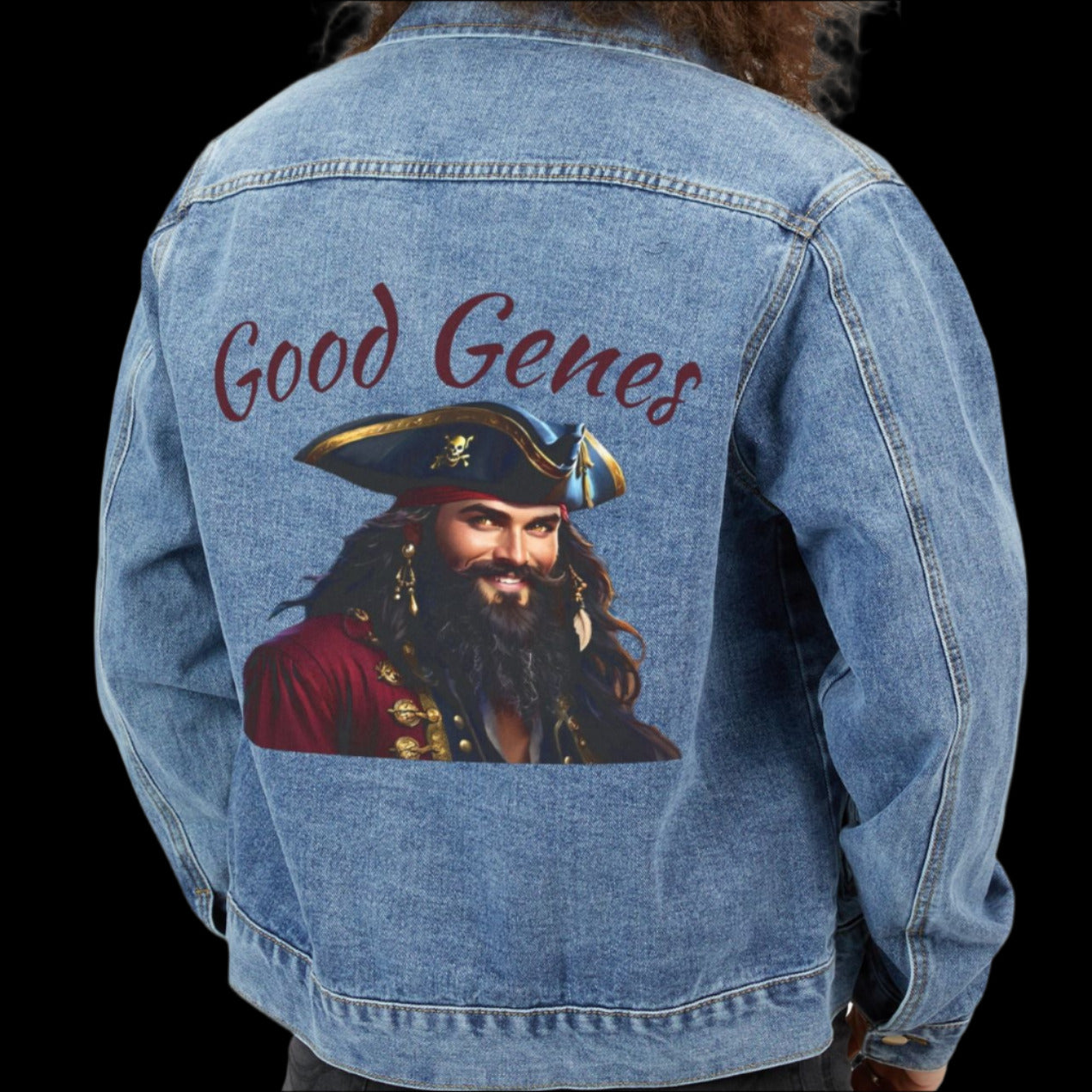 Blackbeard - Good Genes Men's Pirate Denim Jacket, Unique Casual Wear, Adjustable Fit, Gift for Him, Trendy Outerwear, Street Style