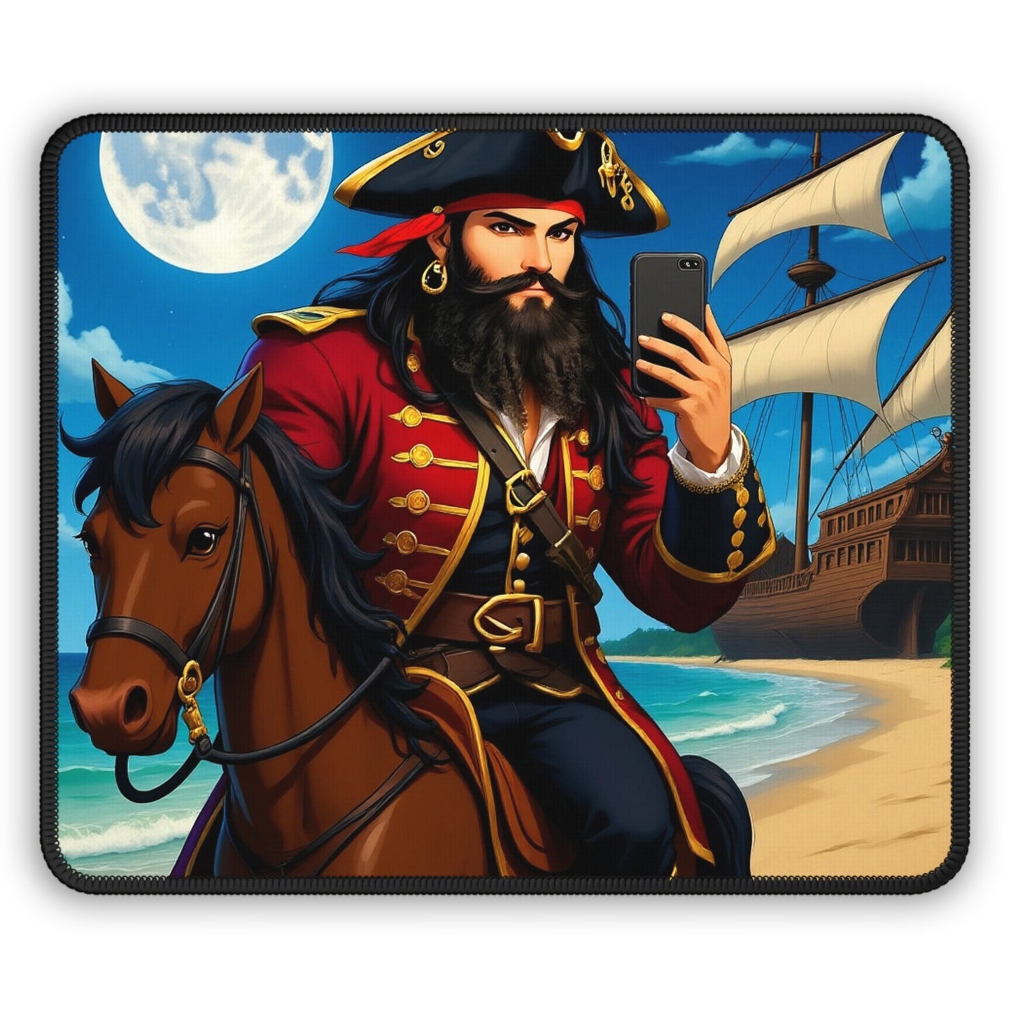 Anime Blackbeard Shipwrecked on Horseback Fantasy Gamer Mousepad, Gamer Gift, Nautical Mousemat, Gaming Accessories, Fantasy Art
