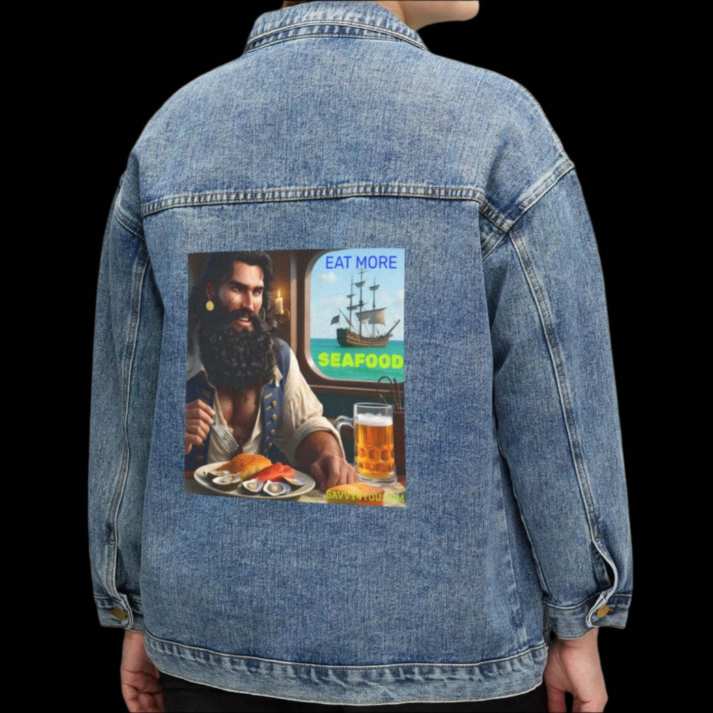 Blackbeard - Eat More Seafood Women's Denim Jacket, Casual Pirate Jacket, Summer Layering, Boho Chic, Gift for Friends, Fashion [...]
