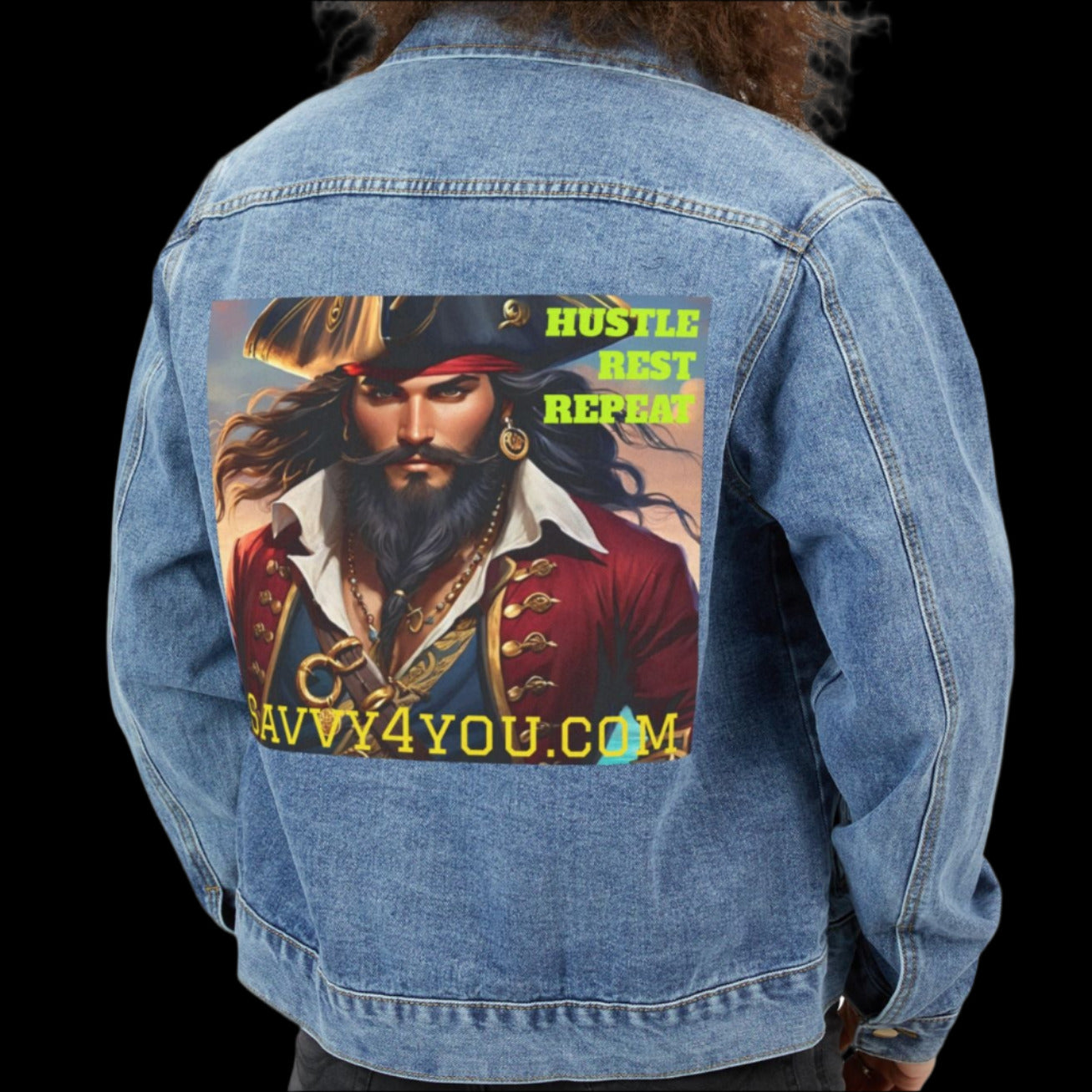 Blackbeard Hustle Rest Repeat Men's Pirate Graphic Denim Jacket, Chic Men's Outerwear, Trendy Layering Piece, Gift for Adventure Lovers, Casual Fashion Statement