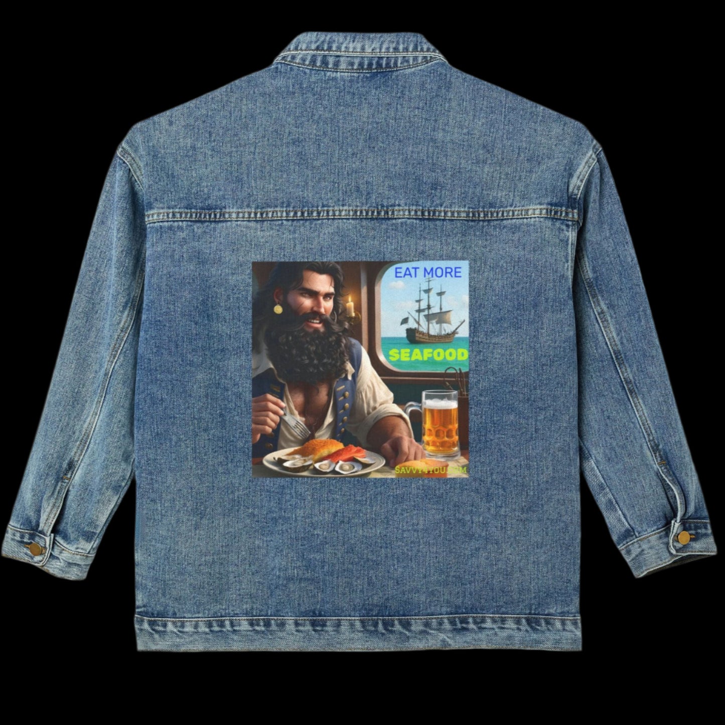 Blackbeard - Eat More Seafood Women's Denim Jacket, Casual Pirate Jacket, Summer Layering, Boho Chic, Gift for Friends, Fashion [...]