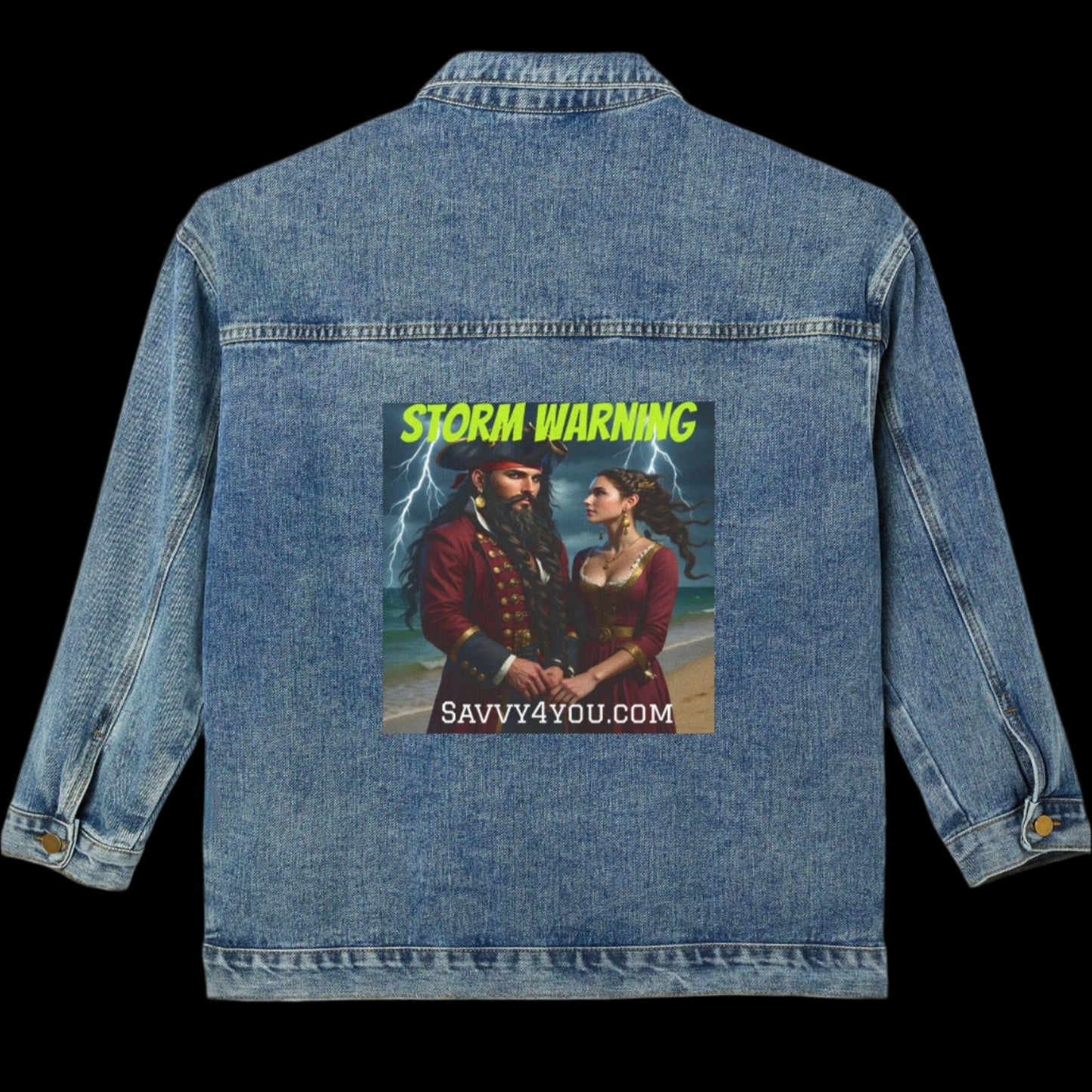 Blackbeard - Storm Warning Womens Denim Jacket, Romantic Pirate Denim Jacket, Casual Outerwear, Vintage Style, Unique Gift, Trendy Fashion for Women