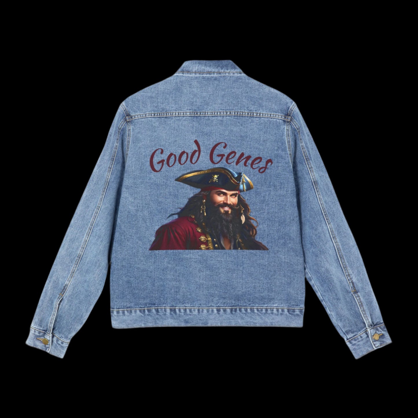 Blackbeard - Good Genes Men's Pirate Denim Jacket, Unique Casual Wear, Adjustable Fit, Gift for Him, Trendy Outerwear, Street Style
