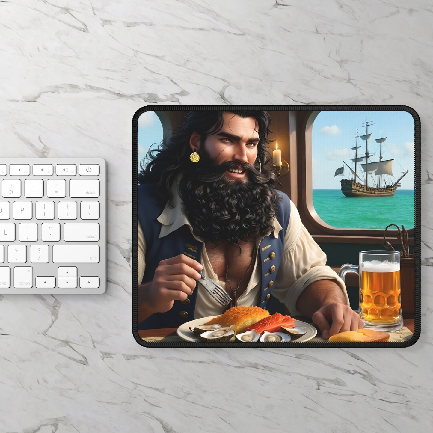 Blackbeard - I Love Seafood Gamer Mousepad, Gamer Gift, Nautical Mousemat, Gaming Accessories, Fantasy Art