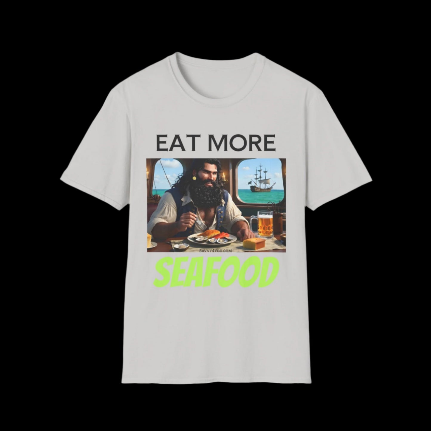 Blackbeard - EAT MORE SEAFOOD T-Shirt for Tees Lovers, American Flag Shirt, Unisex Graphic Tee, Casual Summer Wear, Gift for Pirate Fans