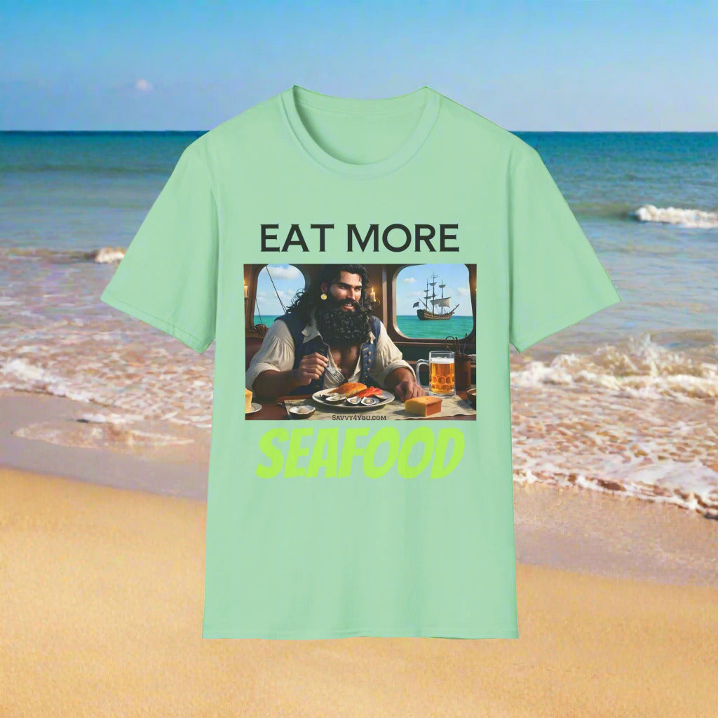 Blackbeard - EAT MORE SEAFOOD T-Shirt for Tees Lovers, American Flag Shirt, Unisex Graphic Tee, Casual Summer Wear, Gift for Pirate Fans