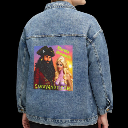 Blackbeard - Florida Dreamin Women's Denim Jacket with Mermaid, Casual Wear, Pirate Jacket, Summer Layering, Trendy Fashion Statement