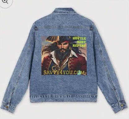 Blackbeard Hustle Rest Repeat Men's Pirate Graphic Denim Jacket, Chic Men's Outerwear, Trendy Layering Piece, Gift for Adventure Lovers, Casual Fashion Statement