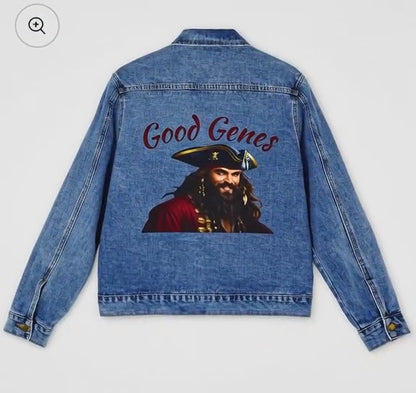 Blackbeard - Good Genes Men's Pirate Denim Jacket, Unique Casual Wear, Adjustable Fit, Gift for Him, Trendy Outerwear, Street Style