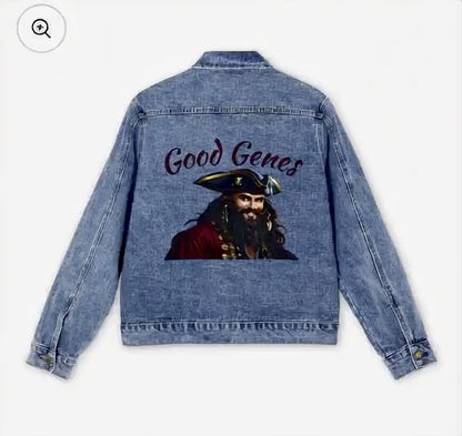 Blackbeard - Good Genes Men's Pirate Denim Jacket, Unique Casual Wear, Adjustable Fit, Gift for Him, Trendy Outerwear, Street Style