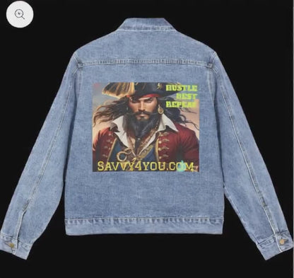 Blackbeard Hustle Rest Repeat Men's Pirate Graphic Denim Jacket, Chic Men's Outerwear, Trendy Layering Piece, Gift for Adventure Lovers, Casual Fashion Statement
